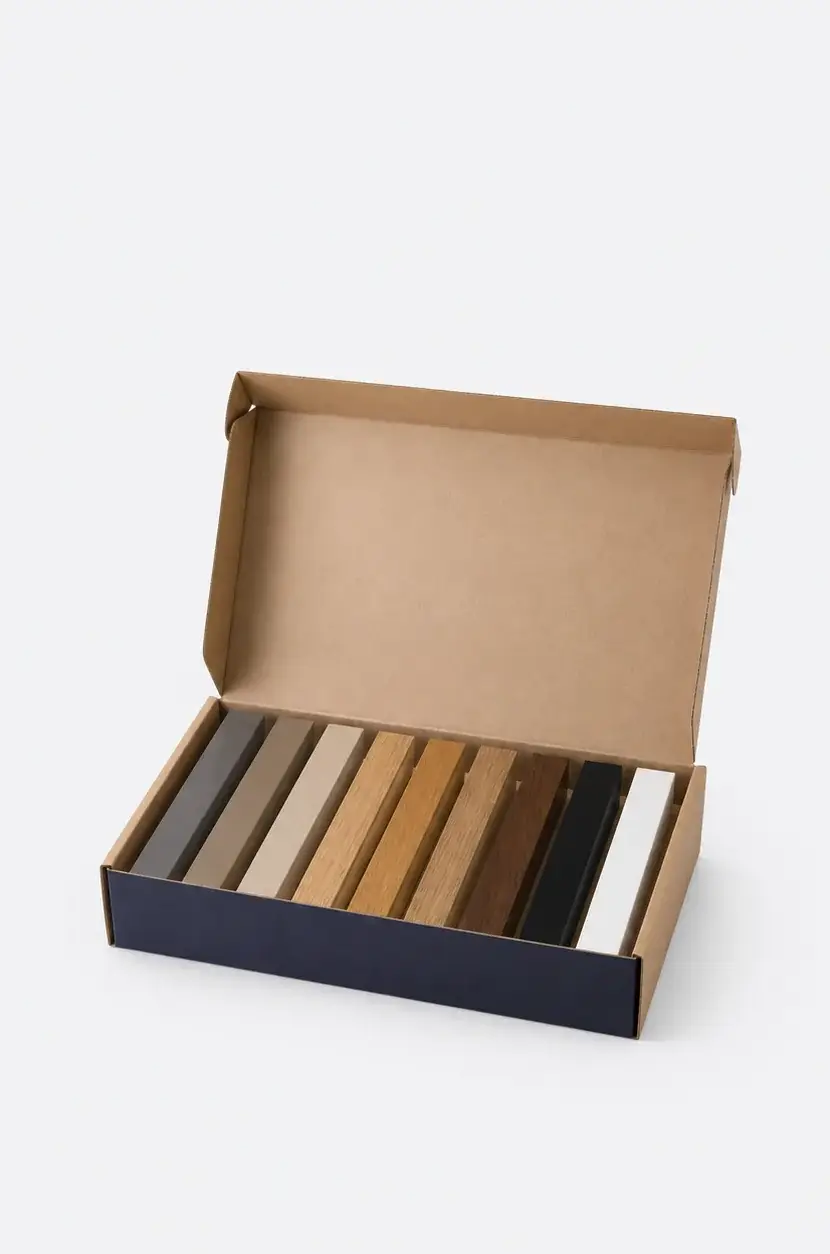 Musterbox mit allen Oberflächen des Raumteilers