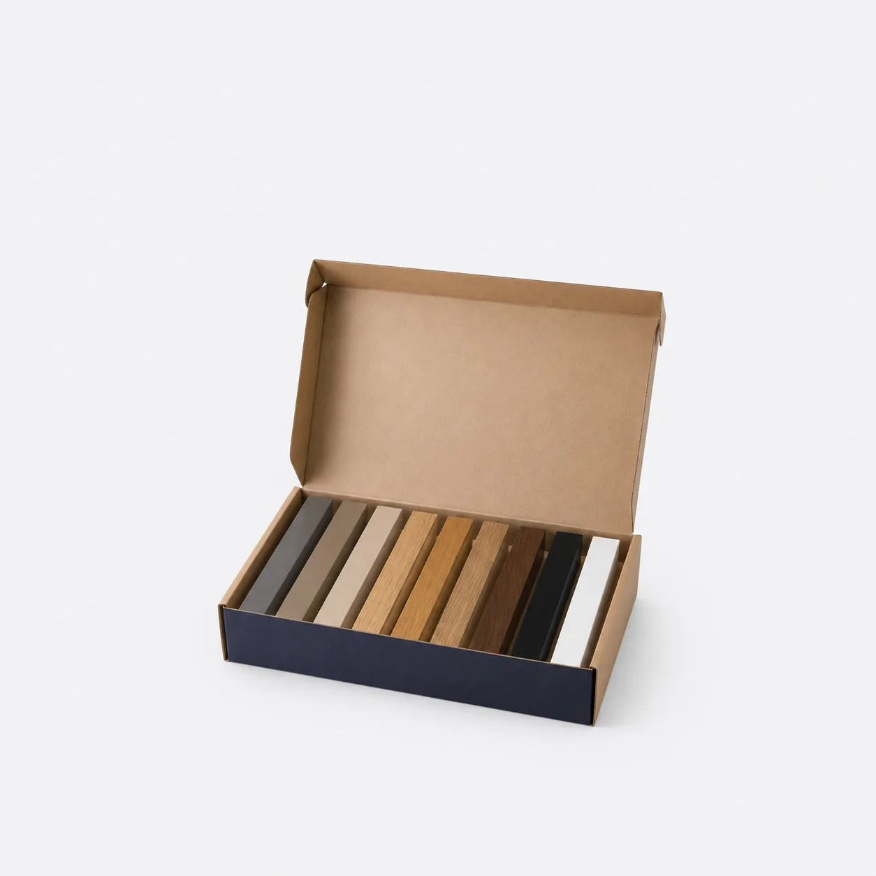 Musterbox mit allen Oberflächen des Raumteilers