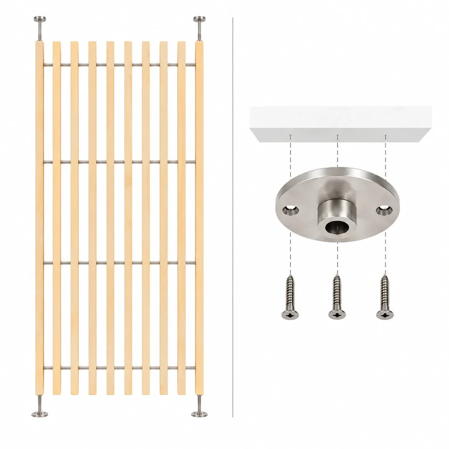 Höhenverstellbarer Raumteiler: Montageplatten an Decke und Boden